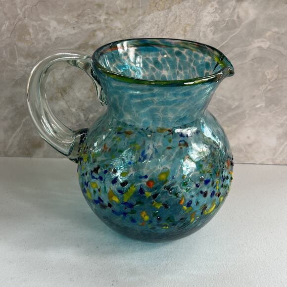 Mexican Hand Blown Glass Art Pitcher Turquoise Multi-Color Confetti 8.5" - Picture 4 of 16